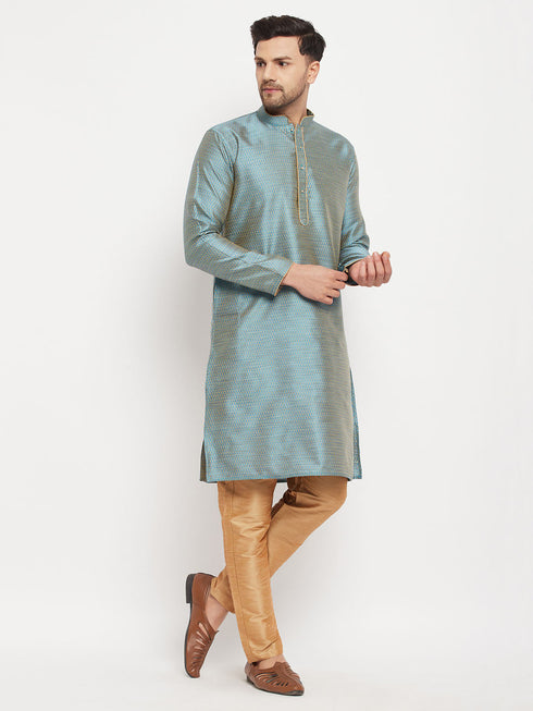 Vastramay Men's Aqua Blue Silk Blend Kurta and Rose Gold Pant Style Pyjama Set